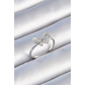 Pirinç Gümüş Renk Zirkon Taşlı Beyaz Mineli Kelebek Model Kadın Yüzük