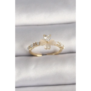 Pirinç Gümüş Renk Zirkon Taşlı Beyaz Mineli Yonca Model İnci Detay Ayarlanabilir Yüzük