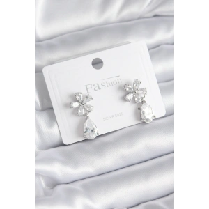 Pirinç Gümüş Renk Zirkon Taşlı Çiçek Model Damla Model Kadın Küpe