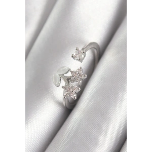 Pirinç Gümüş Renk Zirkon Taşlı Çiçek Model Kadın Yüzük