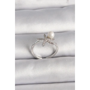 Pirinç Gümüş Renk Zirkon Taşlı Deniz Yıldızı Model İnci Detay Ayarlanabilir Yüzük