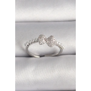 Pirinç Gümüş Renk Zirkon Taşlı Fiyonk İnci Detay Ayarlanabilir Yüzük