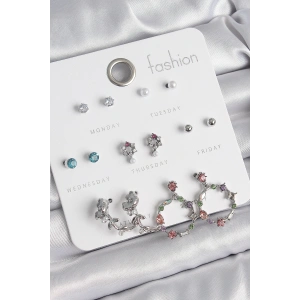 Pirinç Gümüş Renk Zirkon Taşlı Gül Figür Halka Model 7 Çift Kadın Küpe Seti