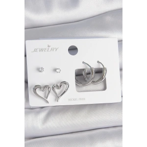 Pirinç Gümüş Renk Zirkon Taşlı Halka Model Kalp Detay 3 Çift Kadın Küpe Seti