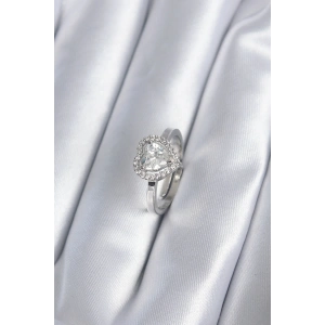 Pirinç Gümüş Renk Zirkon Taşlı Kalp Charm Model Kadın Yüzük