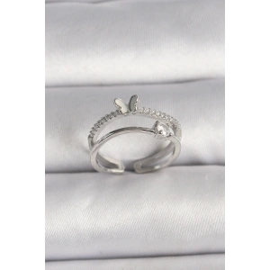 Pirinç Gümüş Renk Zirkon Taşlı Kelebek Figürlü Ayarlanabilir Yüzük