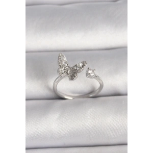 Pirinç Gümüş Renk Zirkon Taşlı Kelebek Model İnci Detay Ayarlanabilir Yüzük