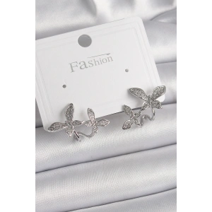 Pirinç Gümüş Renk Zirkon Taşlı Kelebek Model Kadın Küpe