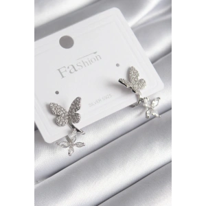 Pirinç Gümüş Renk Zirkon Taşlı Kelebek Model Kadın Küpe