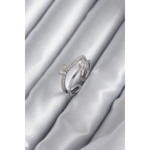 Pirinç Gümüş Renk Zirkon Taşlı Kelebek Model Kadın Yüzük