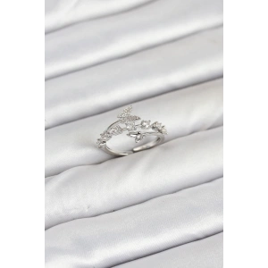 Pirinç Gümüş Renk Zirkon Taşlı Kelebek Model Kadın Yüzük