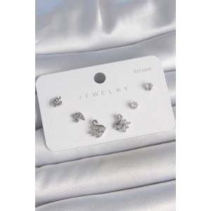 Pirinç Gümüş Renk Zirkon Taşlı Kuğu Model 925 Ayar Gümüş Çivi Kadın Küpe Seti