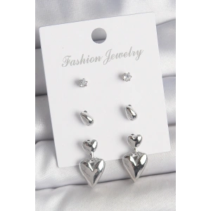 Pirinç Gümüş Renk Zirkon Taşlı Sallantılı Kalp Model 3 Çift Kadın Küpe Seti