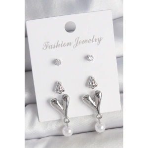 Pirinç Gümüş Renk Zirkon Taşlı Sallantılı Kalp Model 3 Çift Kadın Küpe Seti