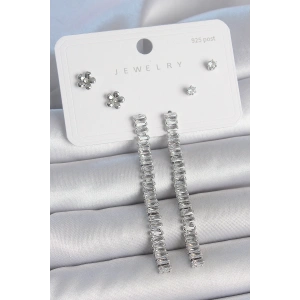 Pirinç Gümüş Renk Zirkon Taşlı Su Yolu Model Çiçek Detay 925 Ayar Gümüş Çivi Kadın Küpe Seti