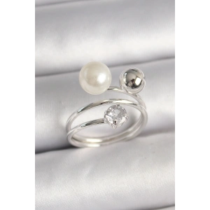 Pirinç Gümüş Renk Zirkon Taşlı Toplu İnci Model Kadın Yüzük