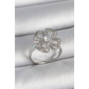 Pirinç Gümüş Renk Zirkon Taşlı Yonca Model Ayarlanabilir Kadın Yüzük