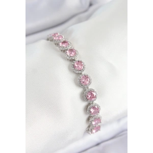 Pirinç Pembe Zirkon Taşlı Daire Baget Model Gümüş Renk VIP Seri Kadın Bileklik