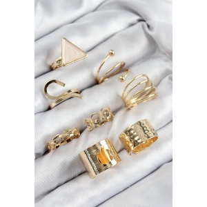 Pirinç Üçgen Model Gold Renk Kadın Yüzük Kombin Set