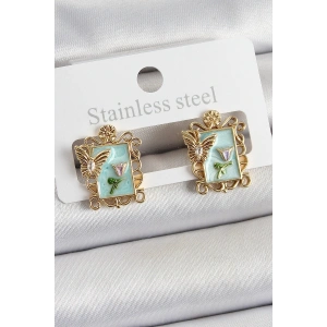 Pirinç Yeşil Mineli Sanatsal Portre Model Gold Renk Kadın Küpe