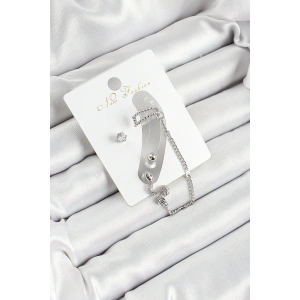 Pirinç Yılan Figürlü Zirkon Taşlı Gümüş Renk 3lü Kıkırdak Kadın Küpe Set