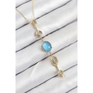 Pirinç Zincir Mavi Gold Renk Zirkon Taşlı Y Kolye