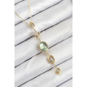 Pirinç Zincir Yeşil Gold Renk Zirkon Taşlı Y Kolye