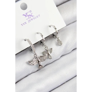 Pirinç Zirkon Taşlı 3lü Kuş Model Gümüş Renk Kadın Küpe