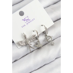 Pirinç Zirkon Taşlı 3lü Kuş Model Gümüş Renk Kadın Küpe