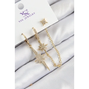 Pirinç Zirkon Taşlı 3lü Kutup Yıldızı Model Gold Renk Kadın Küpe