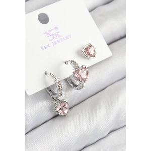 Pirinç Zirkon Taşlı 3lü Pembe Kalp Model Gümüş Renk Kadın Küpe