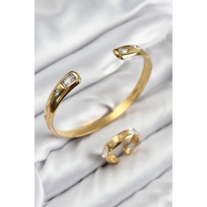 Pirinç Zirkon Taşlı Ayrık Model Gold Renk Bileklik Yüzük Set