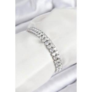 Pirinç Zirkon Taşlı Çift Sıra Kare Model Gümüş Renk Asansörlü Kadın Bileklik