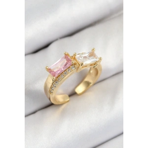 Pirinç Zirkon Taşlı Dikdörtgen Model Gold Renk Kadın Yüzük