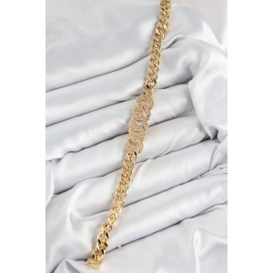 Pirinç Zirkon Taşlı Ezme Küba Zincir Model Gold Renk Kadın Bileklik