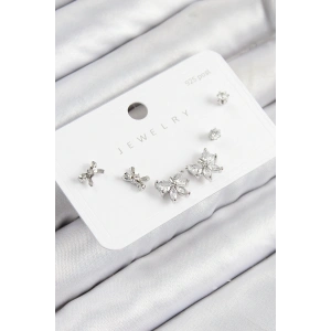 Pirinç Zirkon Taşlı Fiyonk Model Gümüş Renk 925 Ayar Gümüş Çivi Kadın Küpe Set