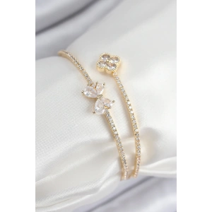 Pirinç Zirkon Taşlı Fiyonk Ve Yonca Model Gold Renk Kadın Bileklik