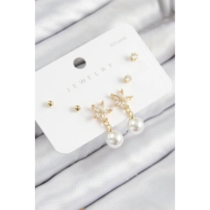 Pirinç Zirkon Taşlı İnci Sallantılı Çiçek Model Gümüş Renk 925 Ayar Gümüş Çivi Kadın Küpe Set