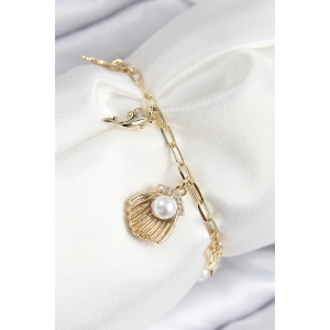 Pirinç Zirkon Taşlı İncili İstiridye Model Gold Renk Kadın Bileklik