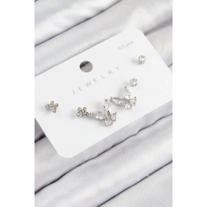 Pirinç Zirkon Taşlı Kelebek Model Gümüş Renk 925 Ayar Gümüş Çivi Kadın Küpe Set