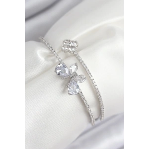 Pirinç Zirkon Taşlı Kelebek Ve Yonca Model Gümüş Renk Kadın Bileklik