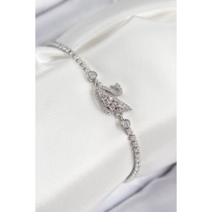 Pirinç Zirkon Taşlı Kuğu Model Gümüş Renk Kadın Bileklik