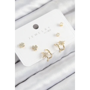 Pirinç Zirkon Taşlı Kutup Yıldızı Model Gold Renk 925 Ayar Gümüş Çivi Kadın Küpe Set