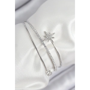 Pirinç Zirkon Taşlı Kutup Yıldızı Model Gümüş Renk Kadın Bileklik