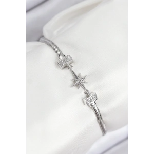 Pirinç Zirkon Taşlı Kutup Yıldızı Model Gümüş Renk Kadın Bileklik