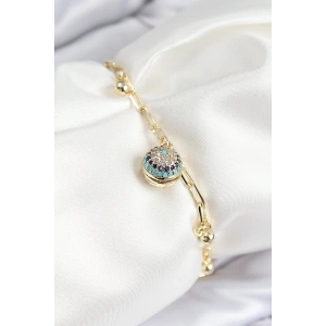 Pirinç Zirkon Taşlı Nazar Boncuğu Model Gold Renk Kadın Bileklik