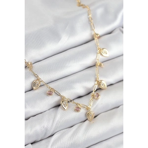Pirinç Zirkon Taşlı Sallantılı Damla Model Gold Renk Kadın Kolye