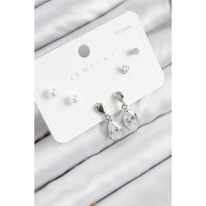 Pirinç Zirkon Taşlı Sallantılı Damla Model Gümüş Renk 925 Ayar Gümüş Çivi Kadın Küpe Set