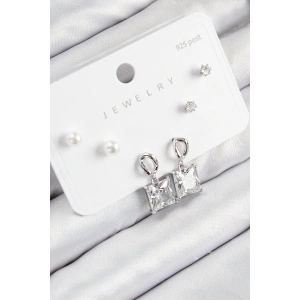 Pirinç Zirkon Taşlı Sallantılı Kare Model Gümüş Renk 925 Ayar Gümüş Çivi Kadın Küpe Set