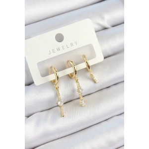 Pirinç Zirkon Taşlı Sallantılı Model Gold Renk 3lü Çift Kadın Küpe Set